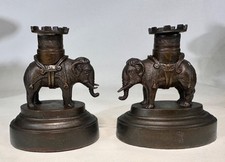 19thc Regency Period Small Pair Bronze Elephant Candleholders Castellated Howdah picture