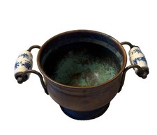 Antique Copper Footed Planter Pot w/Blue & White Delft Porcelain Handles picture