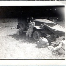 c1940s WWII US Army Dodge WC Truck Camp Tarp Snapshot Photo Soldiers Field Gear picture