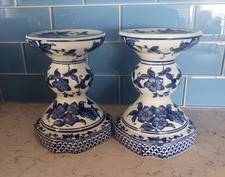 Vintage Blue and White Chinoiserie Candle Holders Temple-Style Set of 2 China picture