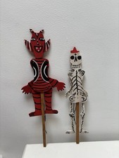 Skelton & Devil Two Vintage Handmade Wooden Mexican Folk Toy Jumping Jacks picture