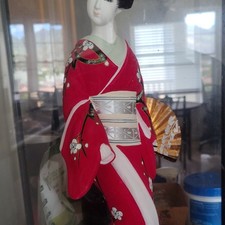 Japanese Hakata Ningyo with Glass Case Red & White Floral Kimono picture