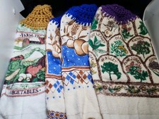 Vintage 1970s Kitchen Towel w/ Crochet Top, Set of 4, Mushrooms, Veggies, Herbs picture