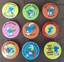 Smurfs Buttons 9 Vintage Originals DEADSTOCK pinback metal soccer birthday picture