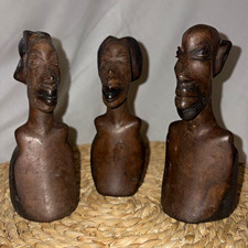 Vintage Hand-Carved African Wooden Busts - Set of 3 Tribal Art Sculptures picture