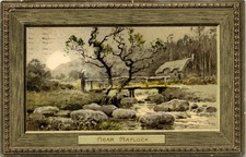 Antique Postcard Near Matlock England Cottage Stream Woman Bridge 1908 Stamp picture