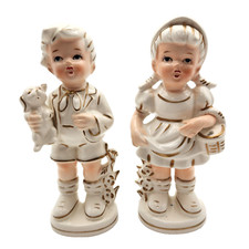 Vintage TII Boy with Dog Girl Basket Figurines Gold Trim Japan Porcelain picture