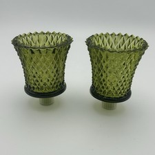 2 Vtg Green Diamond Point Glass Peg Votive Cup Sconce Candle Holders Avocado picture