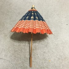 Vntg c1920s Patriotic American Flag Paper Umbrella Large Doll Size Wooden Handle picture