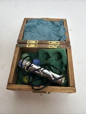 VTG Metal Kaleidoscope W/ String with Wooden Case and 4 Interchangeable Marbles picture