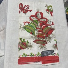 NEW Vtg Parisian Prints Xmas Bells Wreath Pure Linen Kitchen Towel 1950s NWT picture