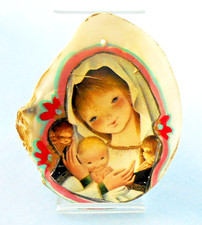 VIRGIN MARY w BABY JESUS HANDPAINTED on LARGE CLAM SHELL w Acrylic Easel_Vintage picture