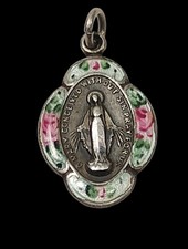 Vintage Sterling Silver Guilloche Roses Virgin Mary Religious Catholic Charm picture