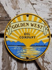 VINTAGE GOLDEN WEST PORCELAIN SIGN OLD GAS OIL COMPANY 1949 MOTOR ENGINE SUNSET picture