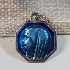 Vintage French Blue Enamel Virgin Mary Medal Pendant Holy Water Reliquary plated picture