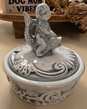 Vintage 1950s Enesco Cherub & Koi Fish Ceramic Trinket Box with Lid, E-4066 picture