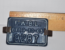 Vintage FORT WORTH Bicycle License Plate #9287 Exp. 9-30-63 with clip F.W.B.L. picture
