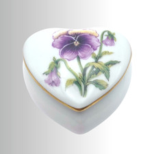 VTG Limoges France LEC Leclair Heart Shaped Trinket Box Purple Pansy Porcelain picture