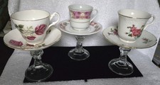 Upcycled Vintage China Teacups & Saucers on Pedestals - Set of 3 picture