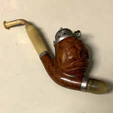 Carved Wood Tobacco Smoking Pipe, Metal Wind Cap, Amber Mouthpiece Brown/Beige picture