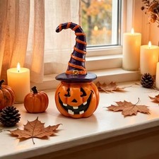 Halloween Pumpkin Witch Hat Figurine Resin Jack O Lantern Tabletop Decor picture