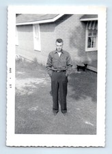 Old Vintage Photo SOLO MAN OUTSIDE BRICK HOUSE 1957 ANTIQUE PHOTOGRAPH SNAPSHOT picture