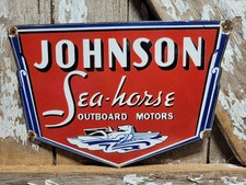 VINTAGE JOHNSON PORCELAIN SIGN OUTBOARD MOTORS SALES BOAT GAS ENGINE SEA-HORSE  picture