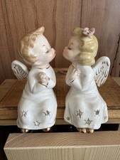 Vtg Ceramic Kissing Angel Figurines Jewels Gold Trim Shelf Sitters Fine Quality picture