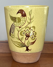 Mid-century Barbara Willis California Pottery 7.5” Decorated Vase Yellow w/Bird picture