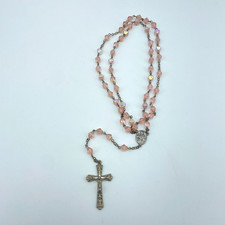 Vintage Italy Pink Aurora Glass Rosary Catholic Crucifix Prayer Beads 21.5in picture