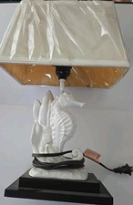 Vintage White Ceramic Seahorse Table Lamp Cottage Coastal Decor w/ Shade picture
