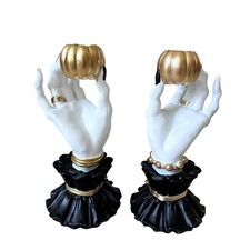 Bella Lux Witch Hand Taper Candle Holders Set 2 Black White Gold Halloween NEW picture