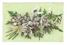 c1907 Birthday Greetings Postcard White Flower, Glitter/ Embossed picture