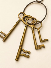 Vintage Antique Brass Skeleton Keys on Key Ring Set Lot of 4 picture