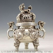 China Oriental Incense Burners Vintage Silver Bronze Hand-work Dragon picture