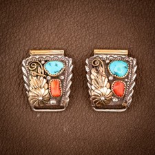 Vintage RB Navajo Sterling Silver Turquoise Coral Watch Tips Signed Pair picture