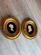 Antique 19th C Pair Reverse Painted Glass Silhouette Portraits Man Woman picture