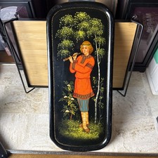 Russian Hand Painted Metal Panel Signed 1987 Wall Folk Art Musician Flutist USSR picture