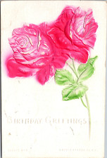 Birthday Greetings Airbrushed Embossed Roses Vintage Postcard c1907 picture