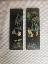 Vtg McM Vietnamese Black Lacquer Wall Panels (Pair) Signed Lien-Nghi C 60/70's picture