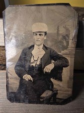 Antique 1870s 1880s Tintype Photo Man Wearing Cap Victorian Studio Portrait picture