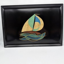 Vintage Couroc of Monterey Black Phenolic Resin Tray with Inlaid Sailboat Mosaic picture