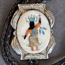 CHESTER MAHOOTY Zuni Attr Apache Gahn Dancer Bolo Turquoise Inlay Trader’s Code picture