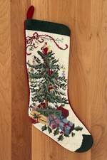 Vtg Handmade Wool Needlepoint Christmas Stocking Tree Gifts Toys Lined 19