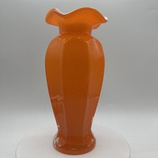 Nice Vintage Tangerine Orange/ White Ruffled Rim Vase. 7 1/2” tall. Mint. picture