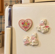 3 New Vintage Heart Refrigerator Magnet Russ Bertie Cat Cottage Lace 80s Country picture