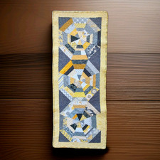 VTG Handmade Quilted Table Runner Geometric Patchwork Kaleidoscope Yellow Gray C picture