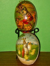 2 Antique German Paper Mache RABBIT Easter Egg Candy Container 5 1/4