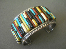 HUGE Native American Multi-Stone Cobblestone Inlay Sterling Silver Cuff Bracelet picture