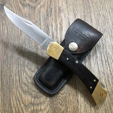 Vintage 70s Buck USA 110 Folding Hunter Pocket Knife & Belt Sheath TWO DOTS V5V7 picture